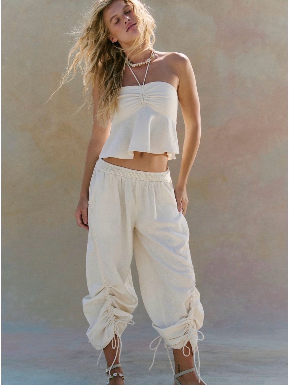 Women's Cream Drawstring Cropped Pants & Halter Top Set